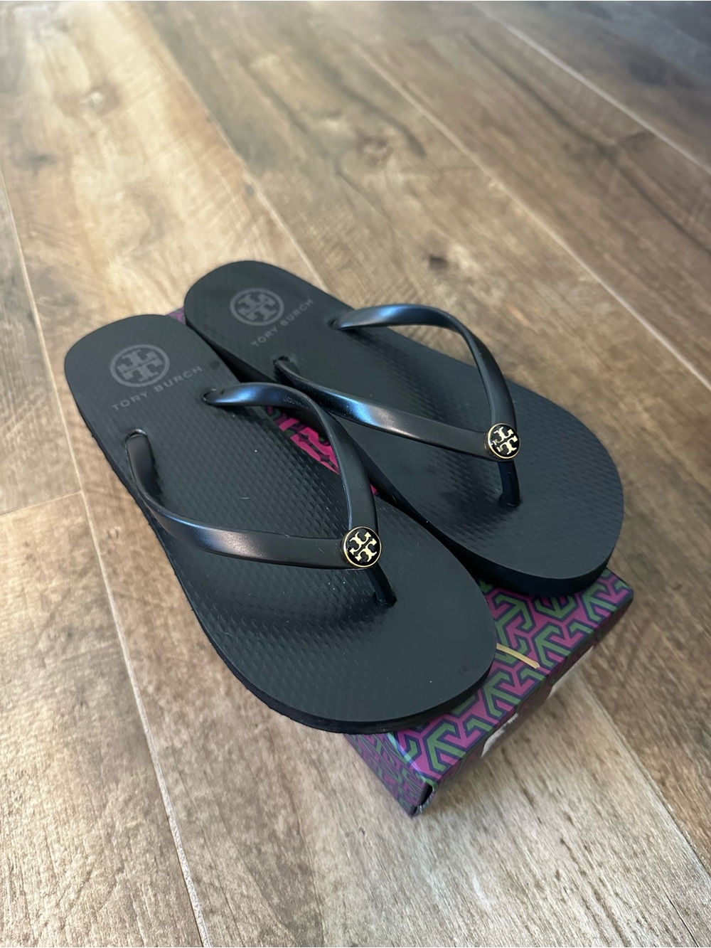 Tory Burch Black Logo Flip Flops